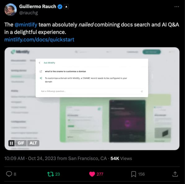 Tweet from Guillermo Rauch praising Mintlify AI Q&A