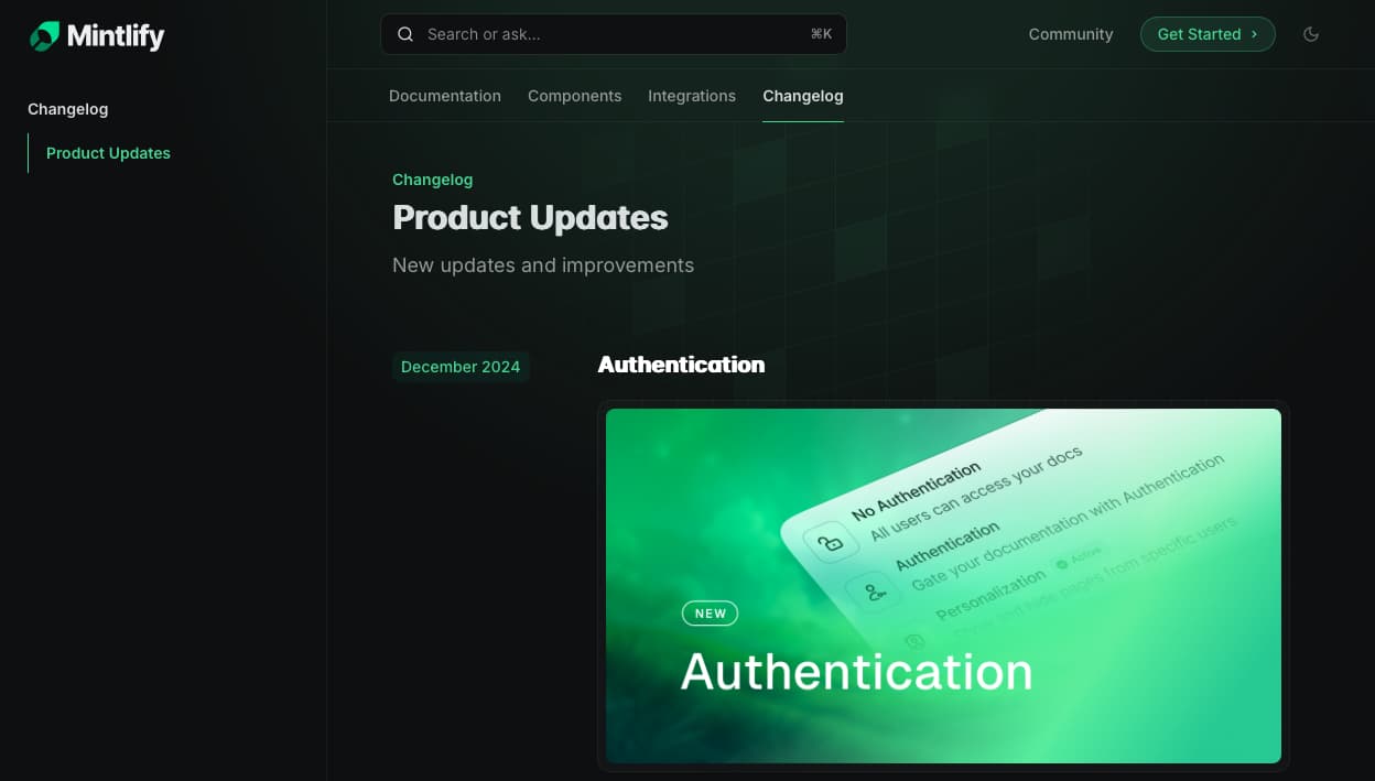 Screenshot of Mintlify changelog