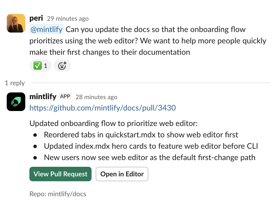 Slack conversation with Peri asking the agent to update the onboarding docs.