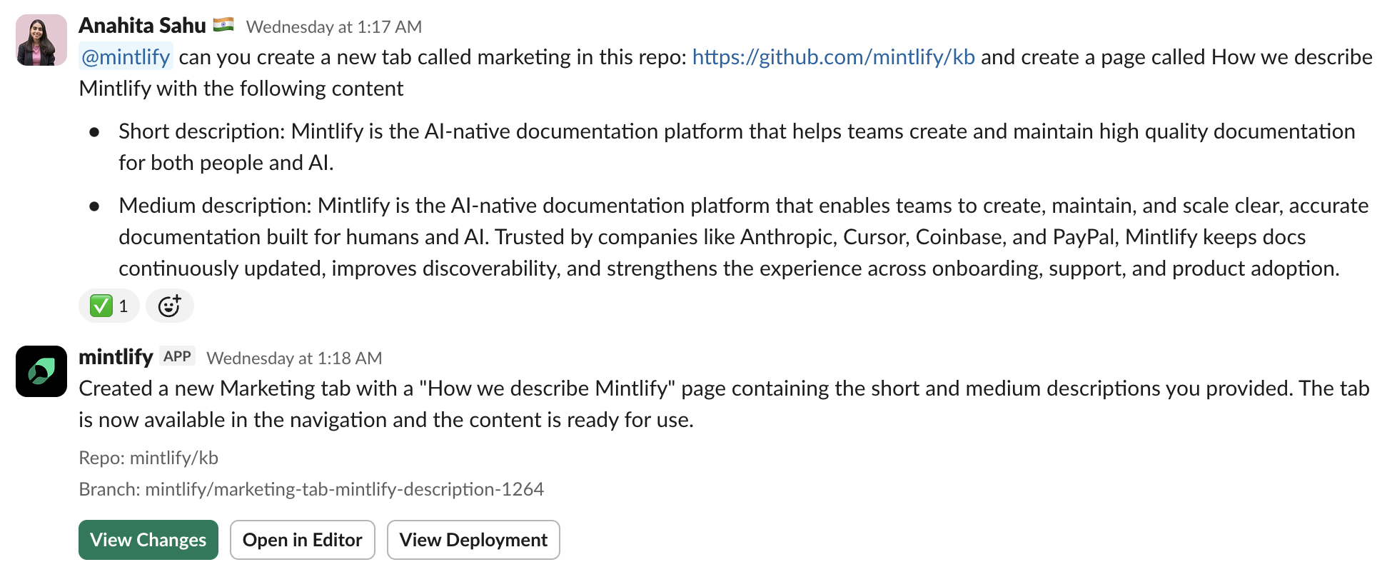 Prompting the agent in Slack to add descriptions to a page in the marketing section of the knowledge base