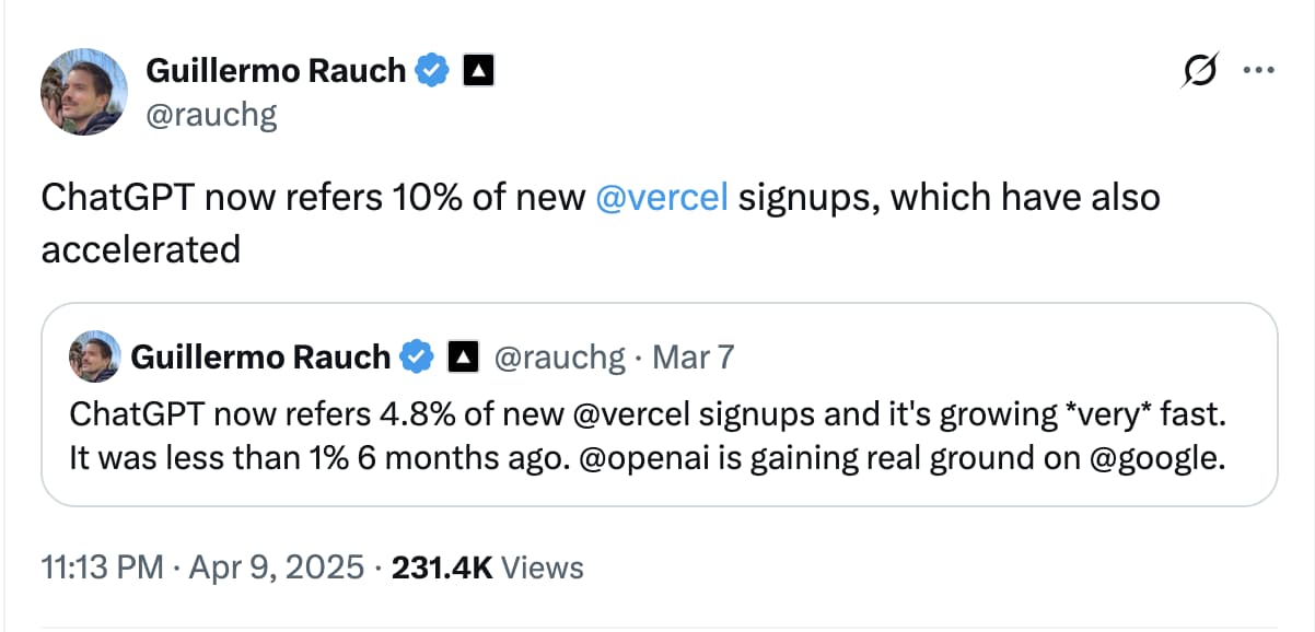 tweet by Guillermo Rauch on ChatGPT