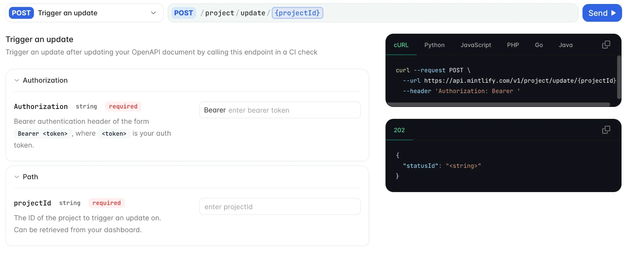 Mintlify API playground with authentication, request code, and response examples