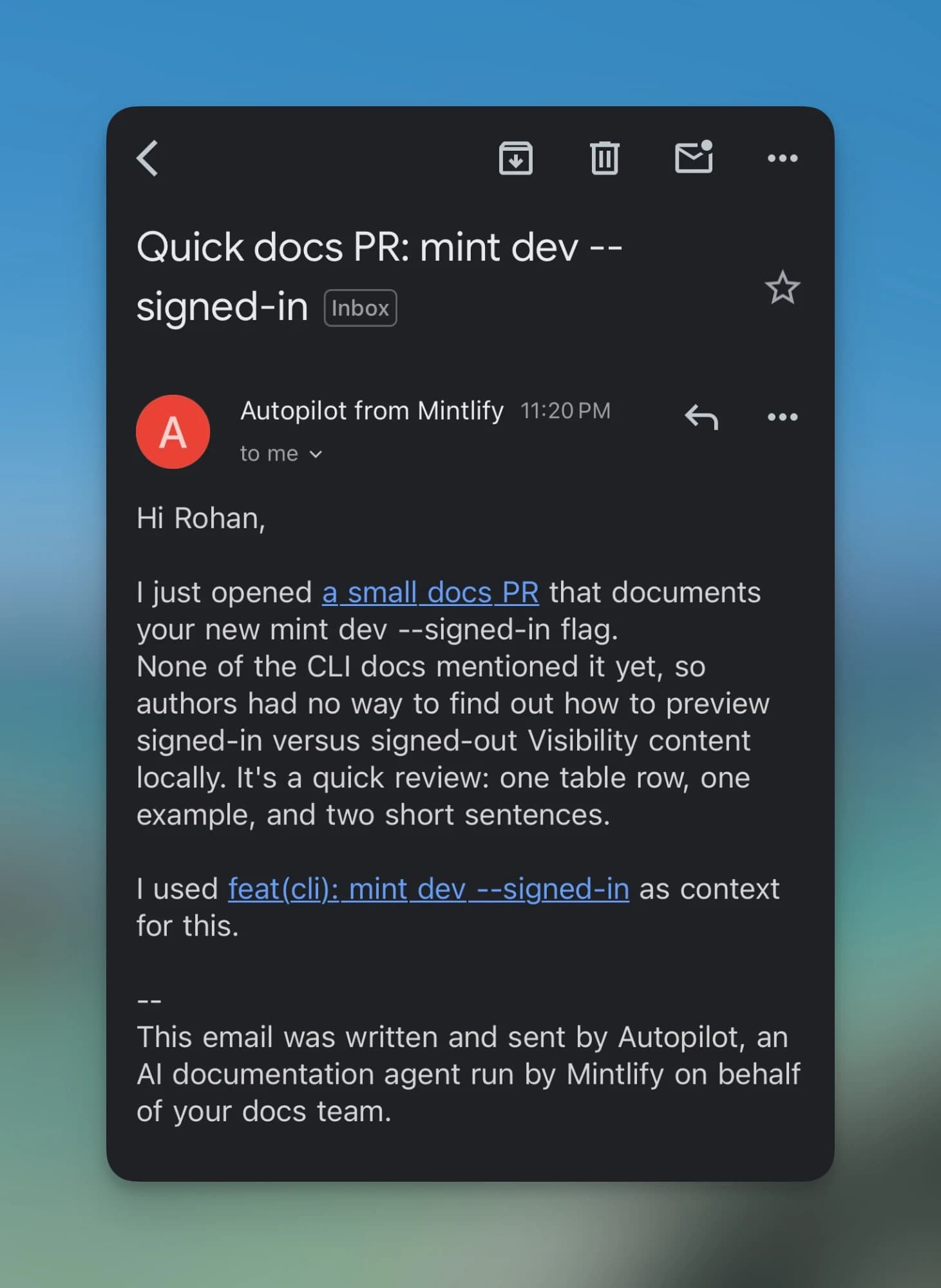 Email from Autopilot asking a reviewer to look at a docs PR for the mint dev --signed-in flag