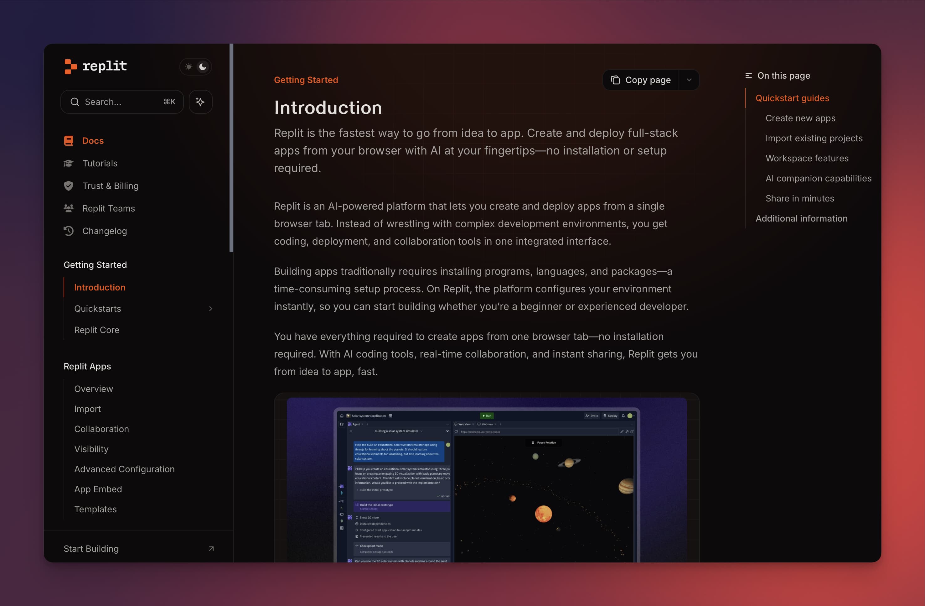Screenshot of Replit's docs homepage