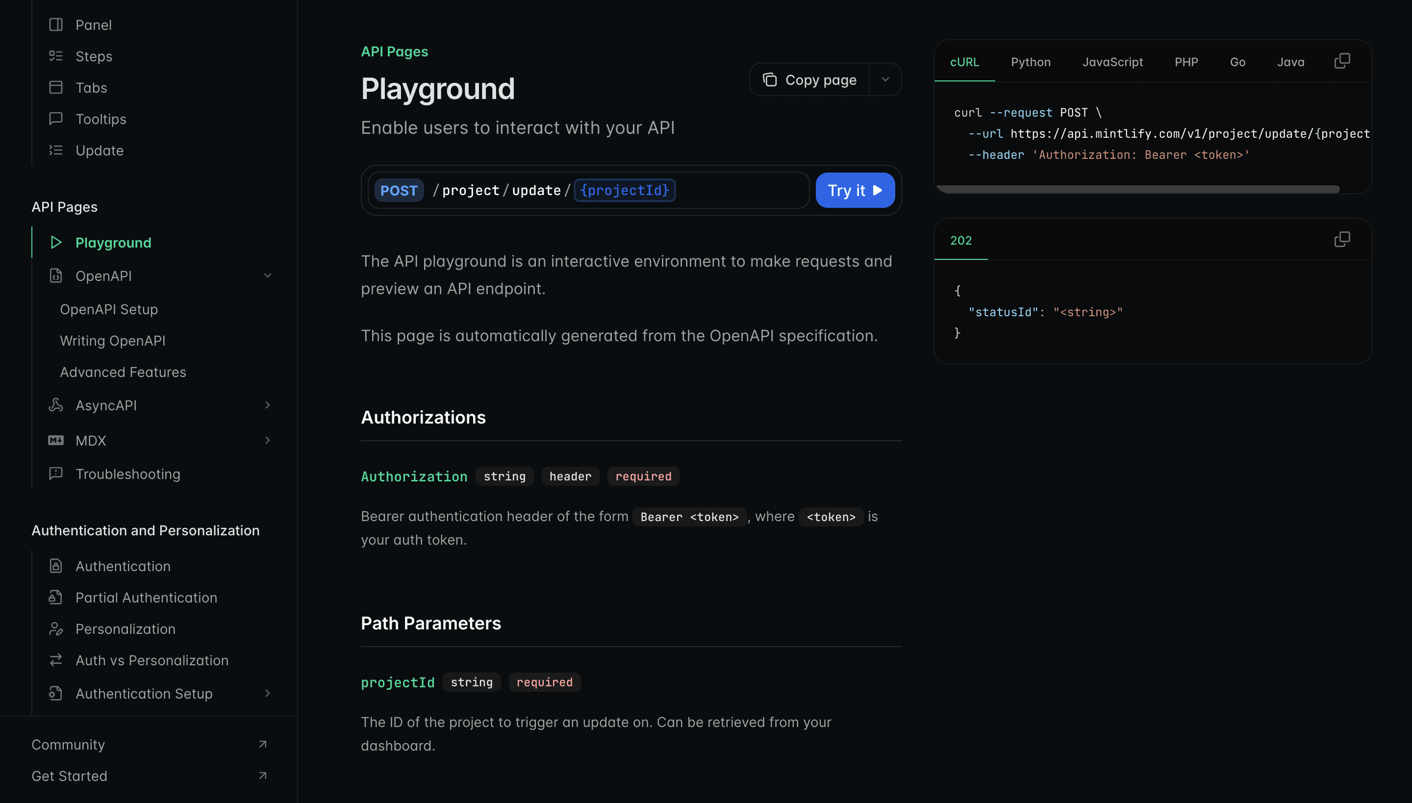 Mintlify's API playground enables interactive testing, making it easy to explore and validate endpoints in real time.
