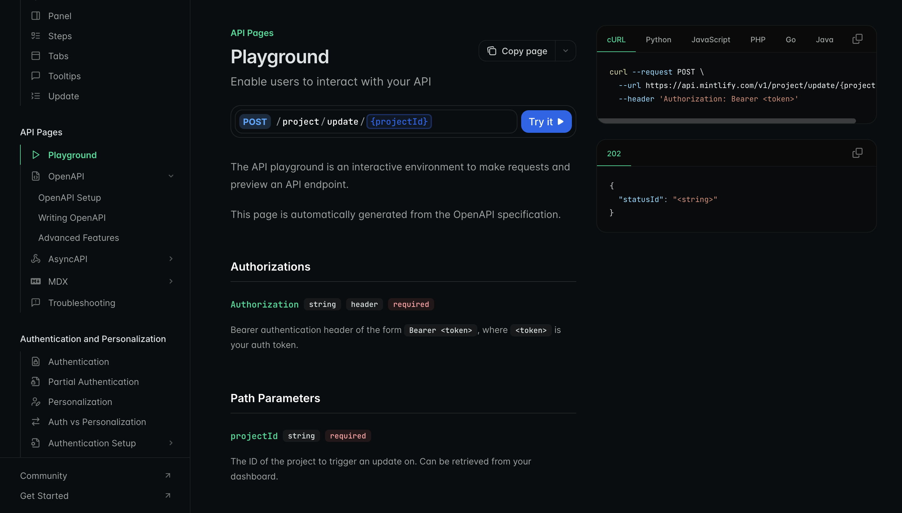 Mintlify's API playground enables interactive testing, making it easy to explore and validate endpoints in real time.