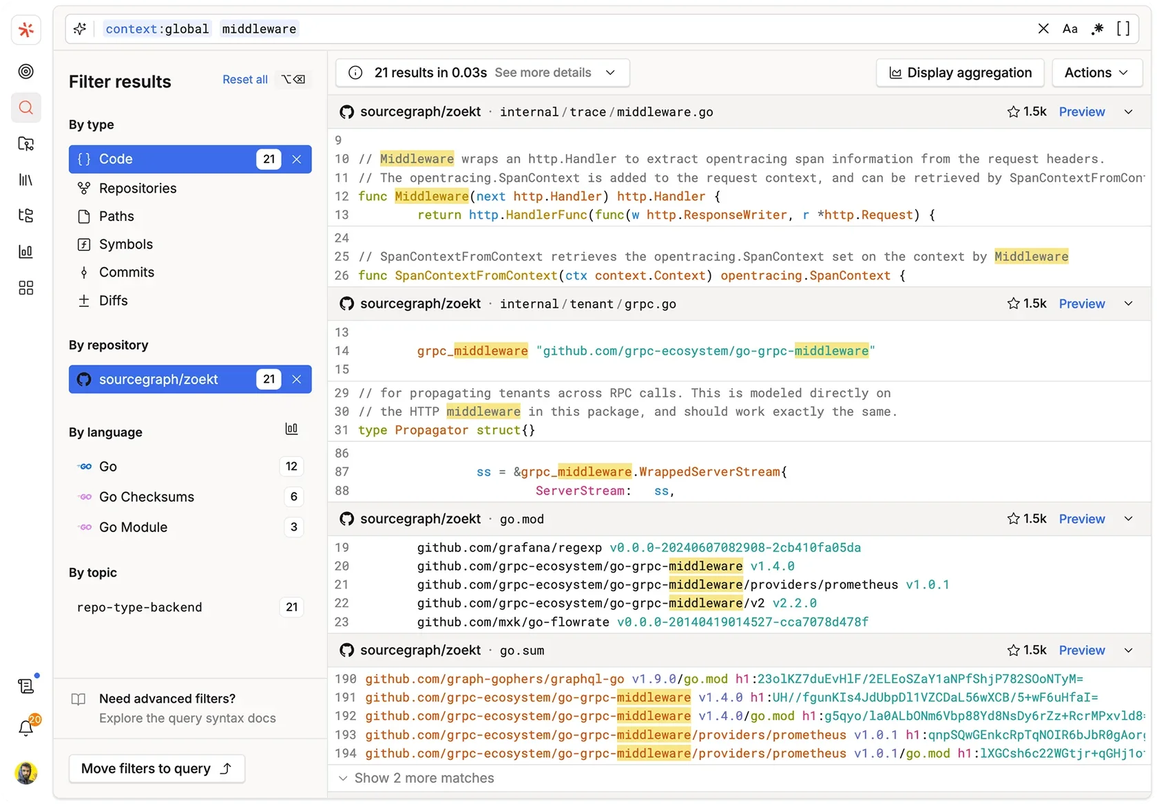 Sourcegraph code search interface