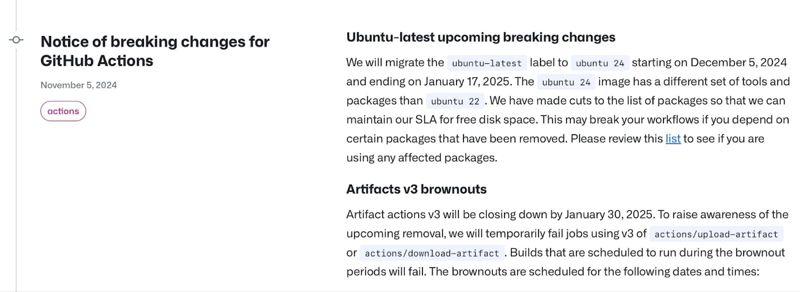 Notice of breaking changes for GitHub Actions from their changelog