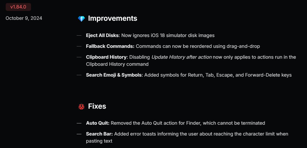 Raycast's changelog categorizes updates