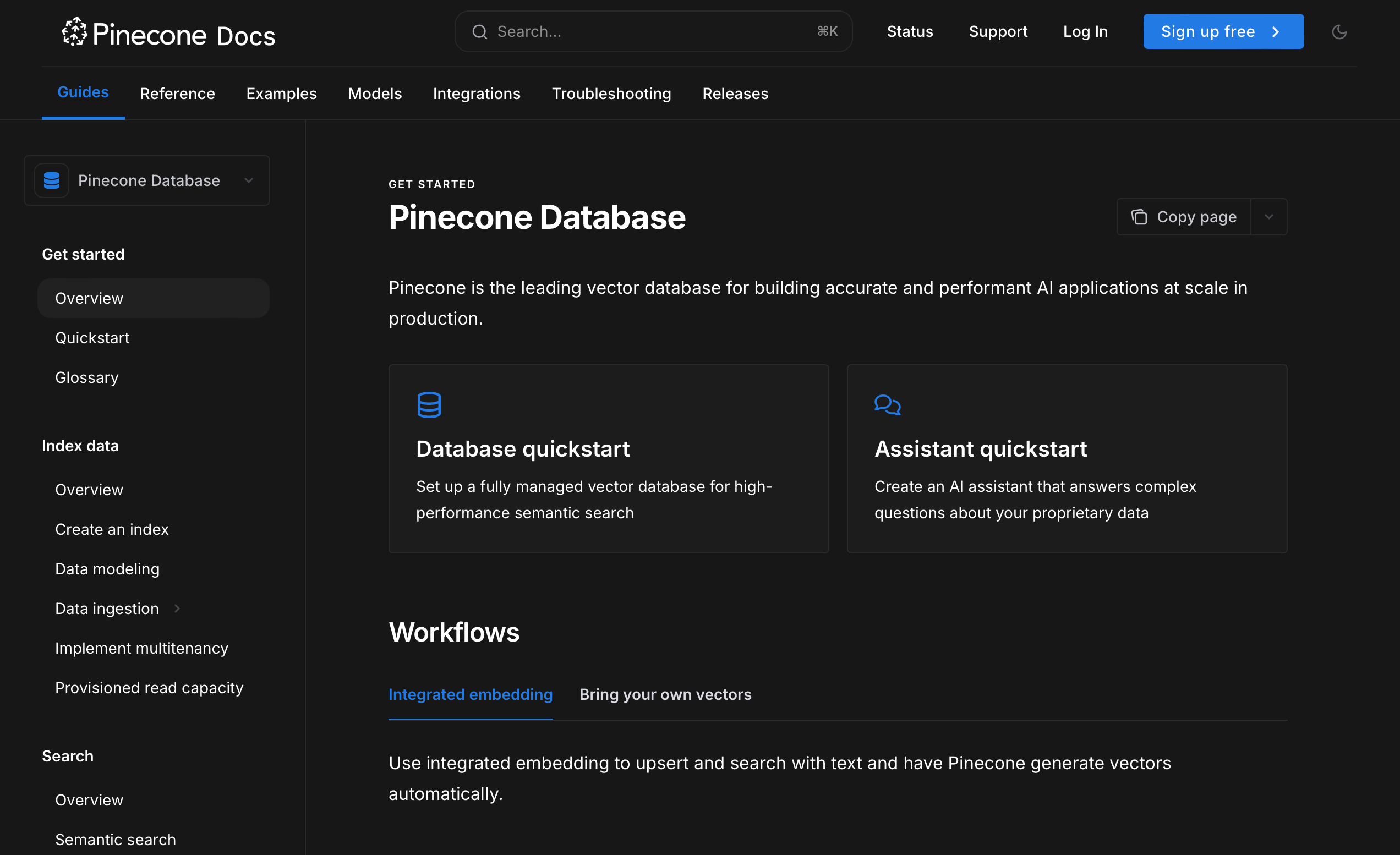 screenshot of pinecone's documentation