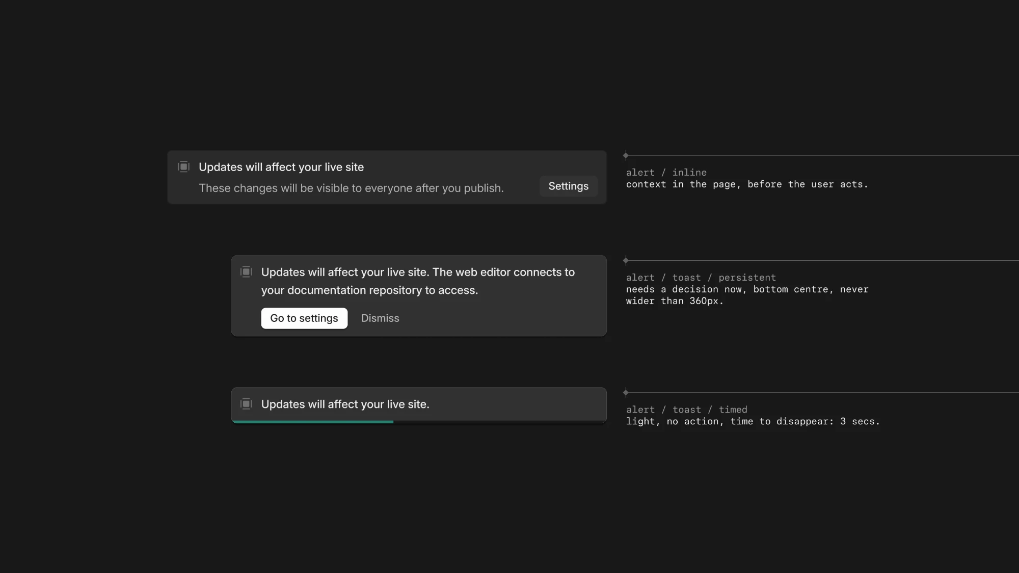 Inline alert, persistent toast, and timed toast patterns with their usage rules