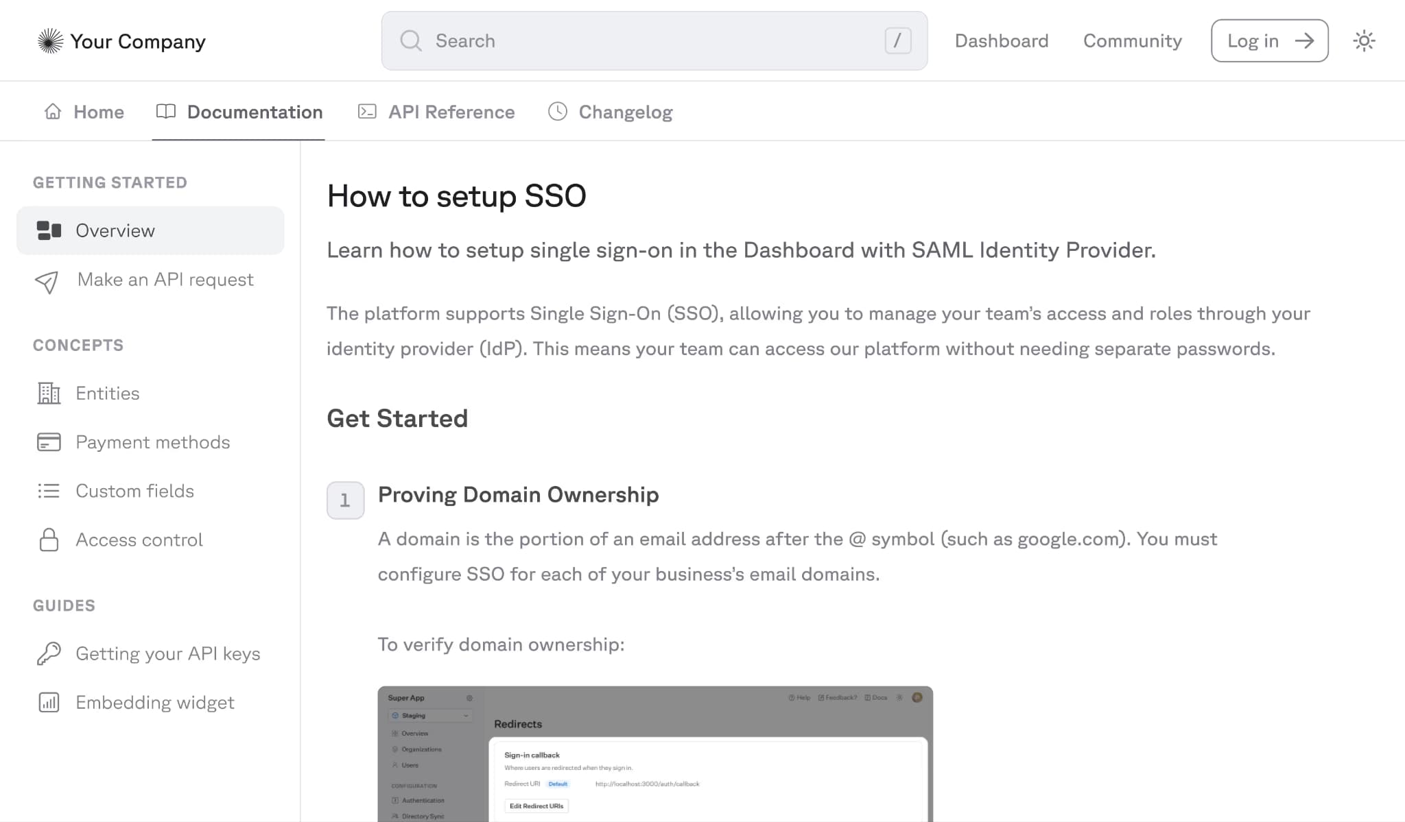 Single sign-on setup guide in a Fern documentation site