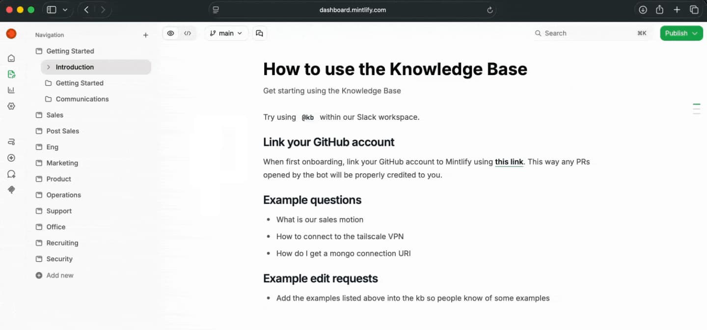 Mintlify web editor editing a Knowledge Base page in the browser, with GitHub account linking and example edit requests