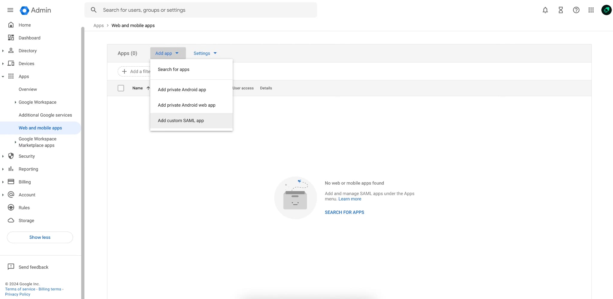 Google Workspace Admin console adding a custom SAML app to set up SSO for private documentation access