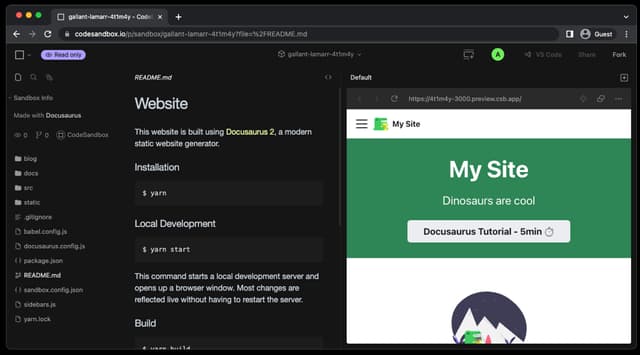Docusaurus project running in CodeSandbox, with the README install steps beside a live preview of the generated documentation site