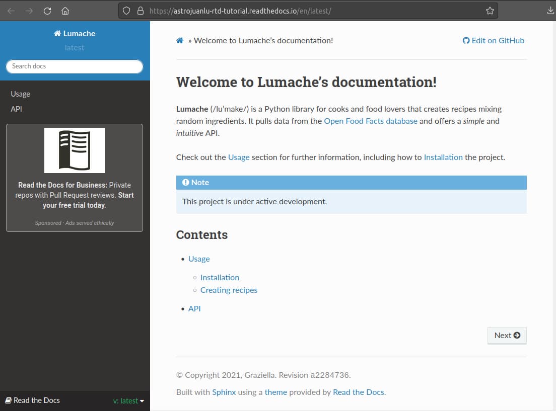 Read the Docs hosted documentation site built with Sphinx, including the sponsored Read the Docs for Business notice in the sidebar
