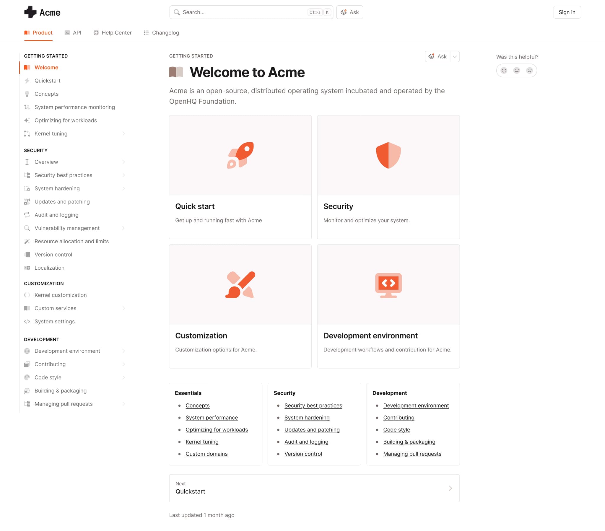 GitBook documentation site showing a hosted home page with getting started, security, and customization sections