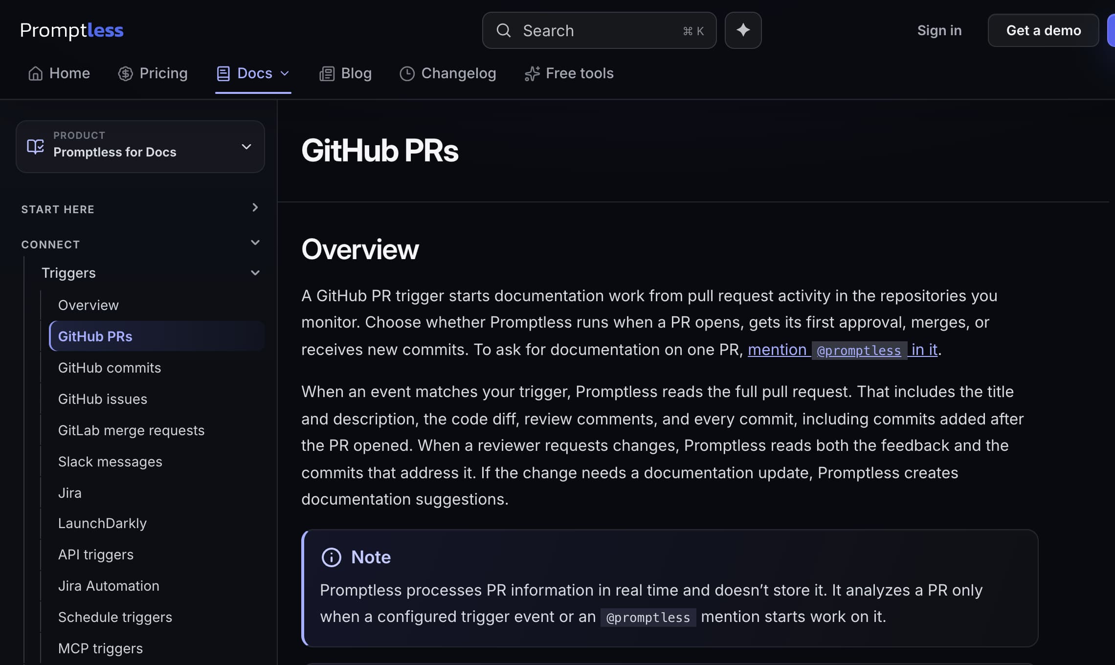 Promptless documentation page for GitHub PR triggers, which run when a pull request opens, gets its first approval, merges, or receives new commits