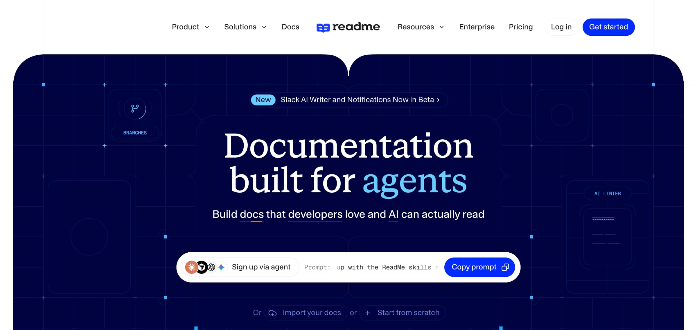 ReadMe homepage with options to sign up through an agent, import existing docs, or start from scratch