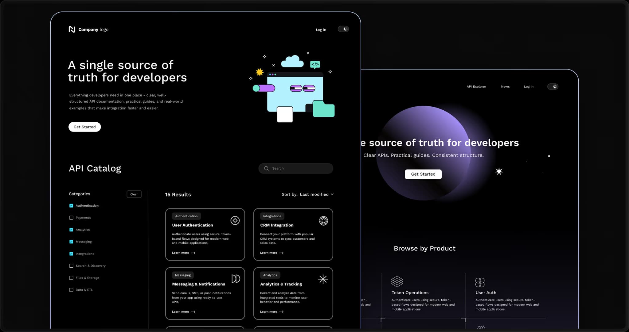 Theneo developer portal with an API catalog and product pages