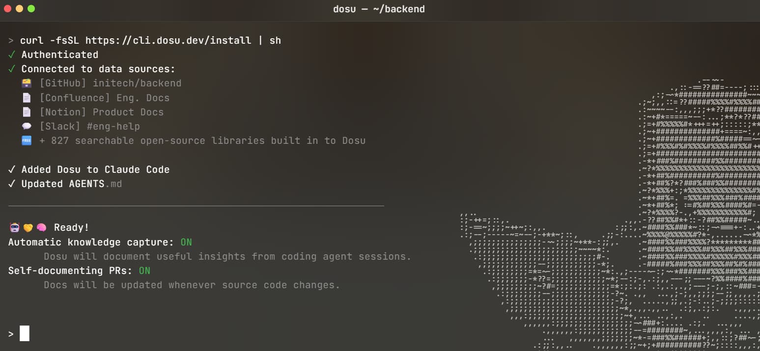 Dosu CLI installation connecting GitHub, Confluence, Notion, and Slack sources