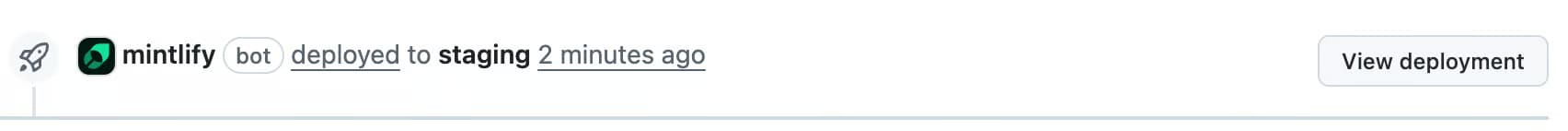 GitHub pull request timeline showing the Mintlify bot deployed to staging, with a View deployment button
