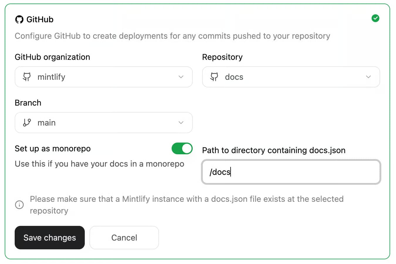 Mintlify GitHub settings with the monorepo option enabled and the docs.json path set to /docs
