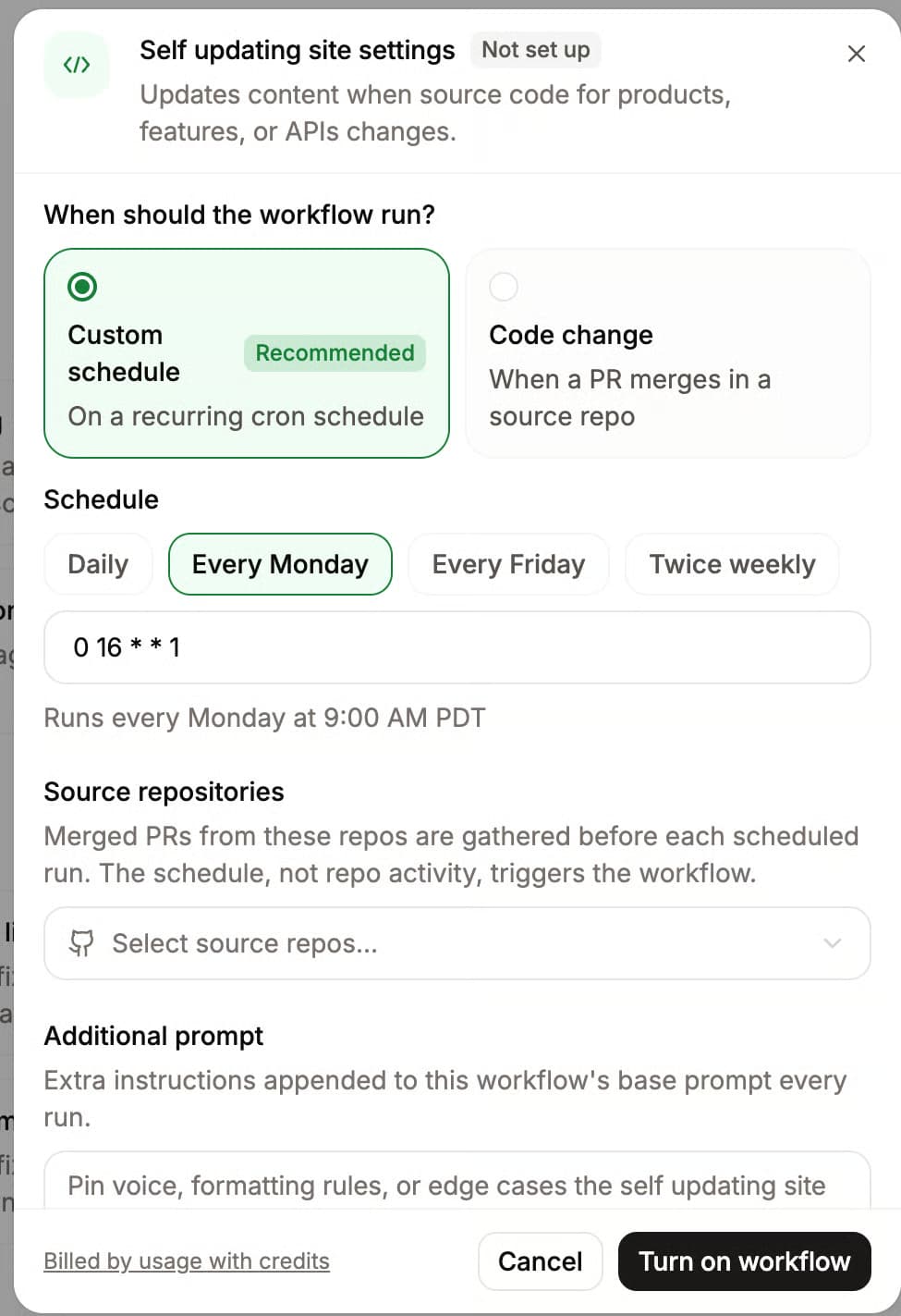 Mintlify self-updating site workflow settings for scheduling automated documentation updates from source repositories