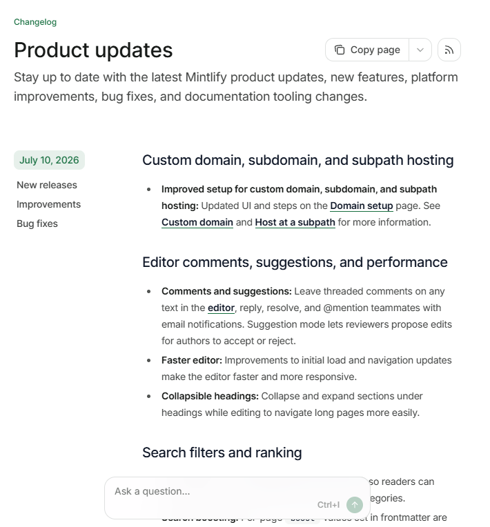 A Mintlify changelog page listing dated product updates grouped by new releases, improvements, and bug fixes