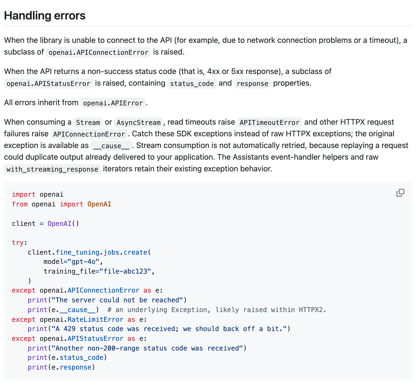 Handling errors section of the OpenAI Python SDK README, describing APIConnectionError, APIStatusError, and APIError, with a Python example that catches connection errors, 429 rate limit errors, and other non-200 status codes separately