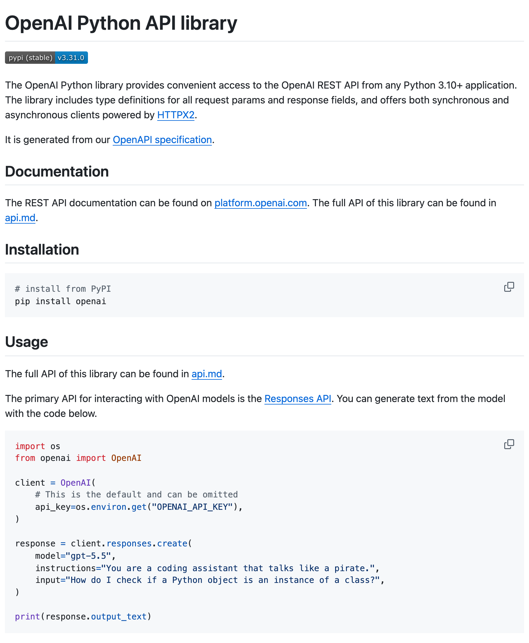 OpenAI Python API library README on GitHub, showing that the library supports Python 3.10 and later, the pip install openai command, and a usage example that creates a client and sends a first request