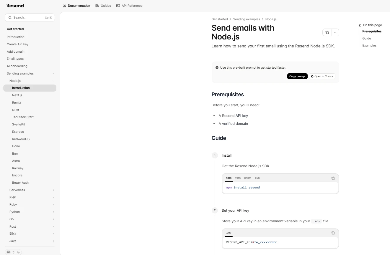Resend Node.js quickstart for sending an email
