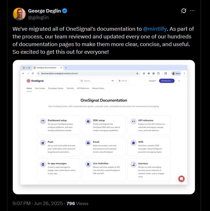 One Signal tweeting about their happy migration to Mintlify