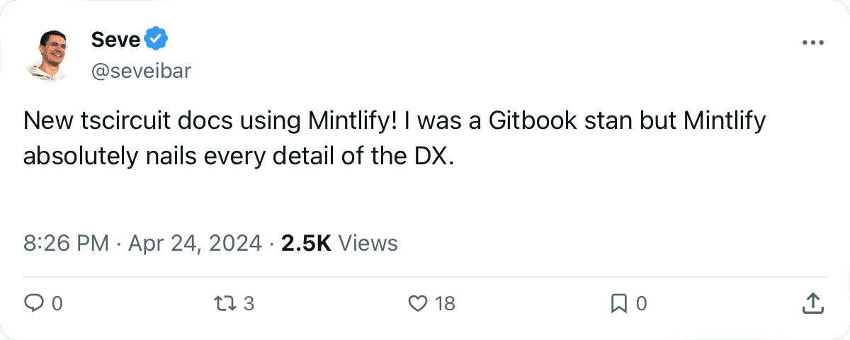 Tweet praising Mintlify's developer experience