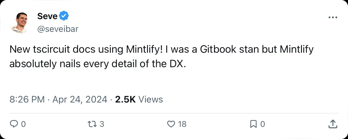 Tweet praising Mintlify's developer experience