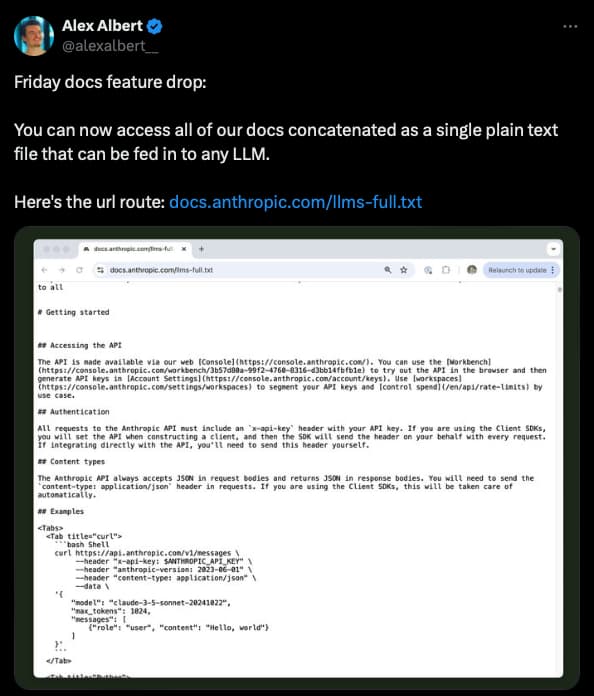 screenshot of Alex Albert, head of devrel at anthropic, promoting llms.txt in their docs