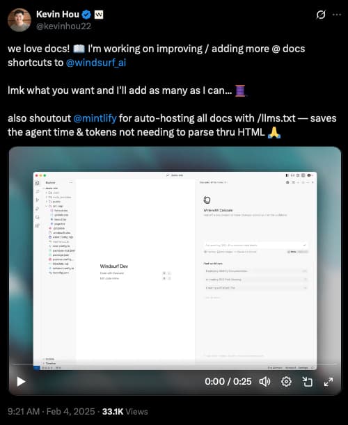 tweet from windsurf head of product engineering about how llms.txt saves agent time and tokens