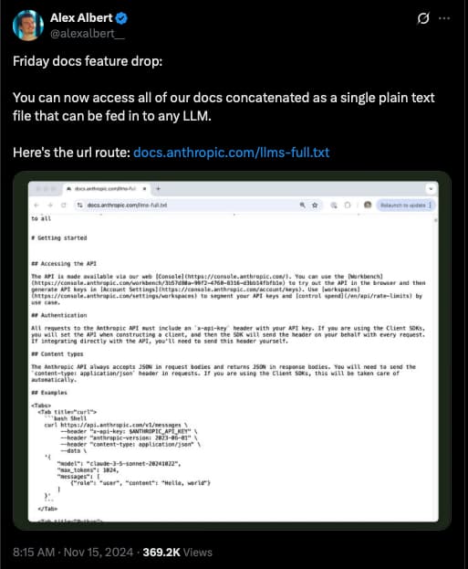 tweet from Alex about anthropic hosting their docs at llms-full.txt with mintlify