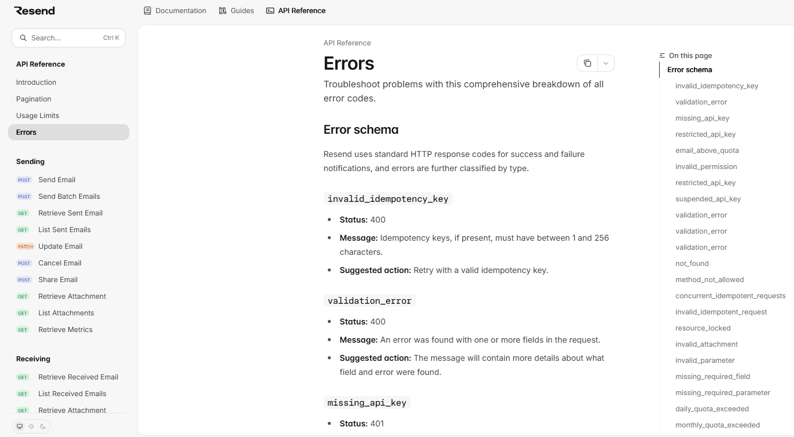 Resend: Error reference