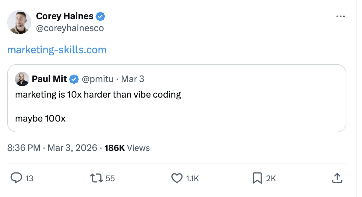 Corey Haines' viral marketing-skills.com tweet