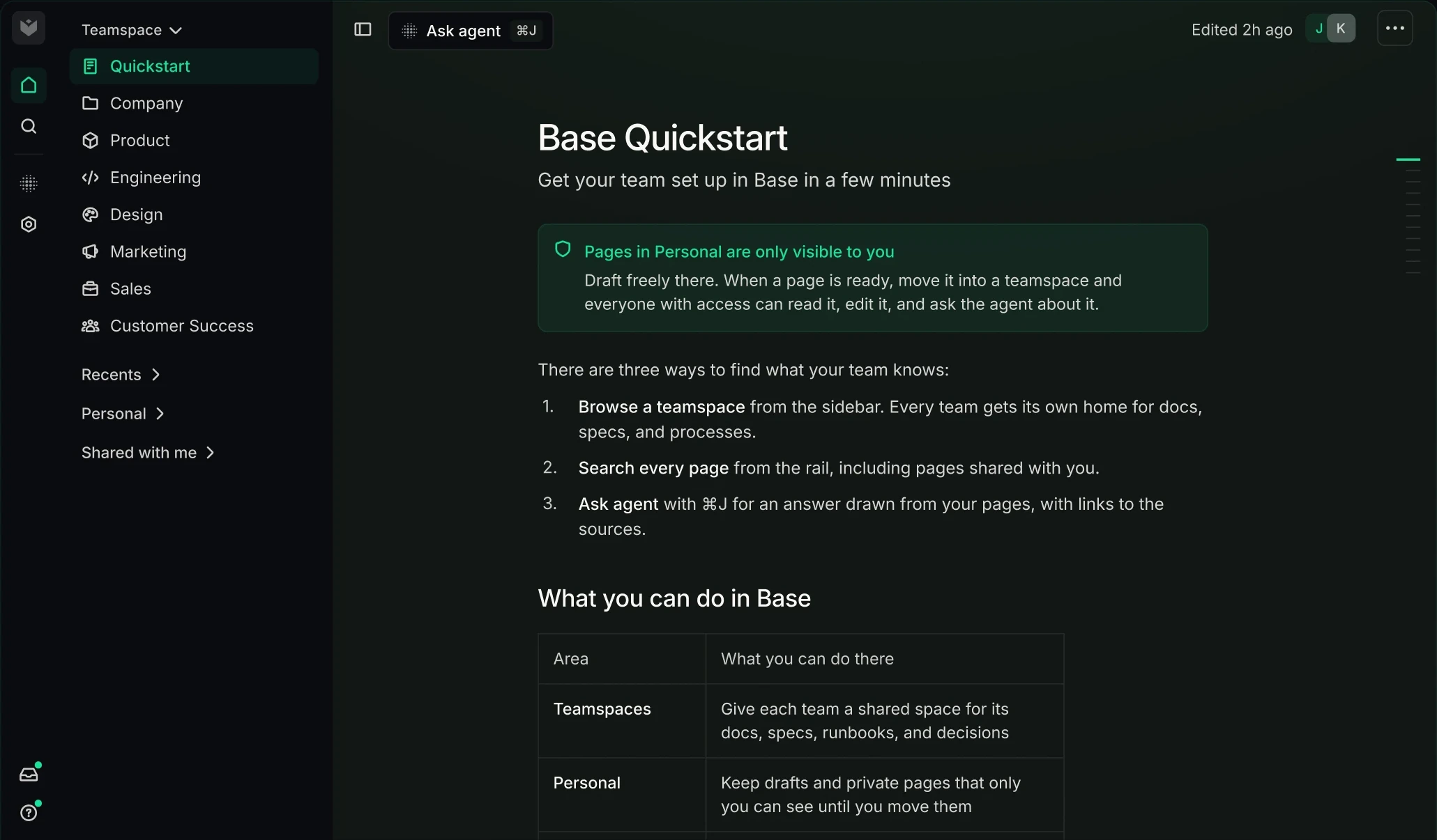 Base app showing the Base Quickstart page