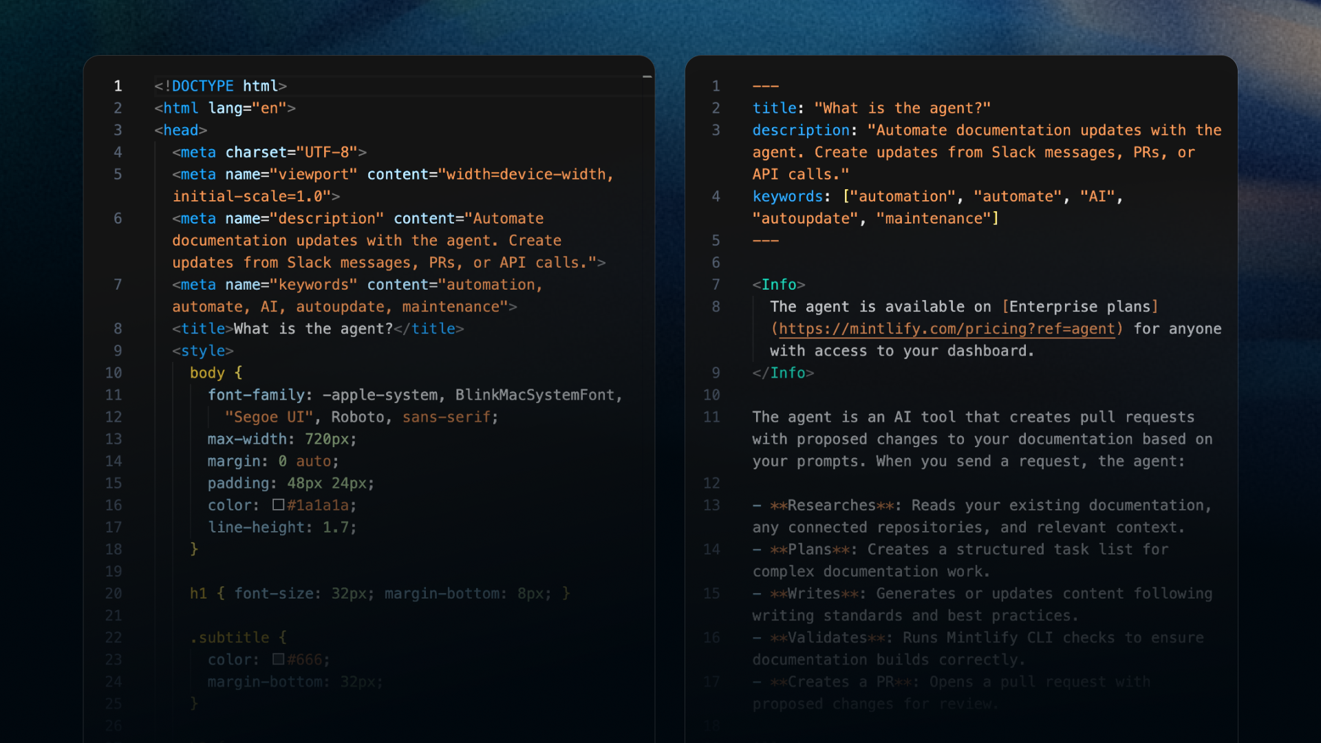 A comparison of an HTML page to an MDX page to demonstrate differences in content negotiation