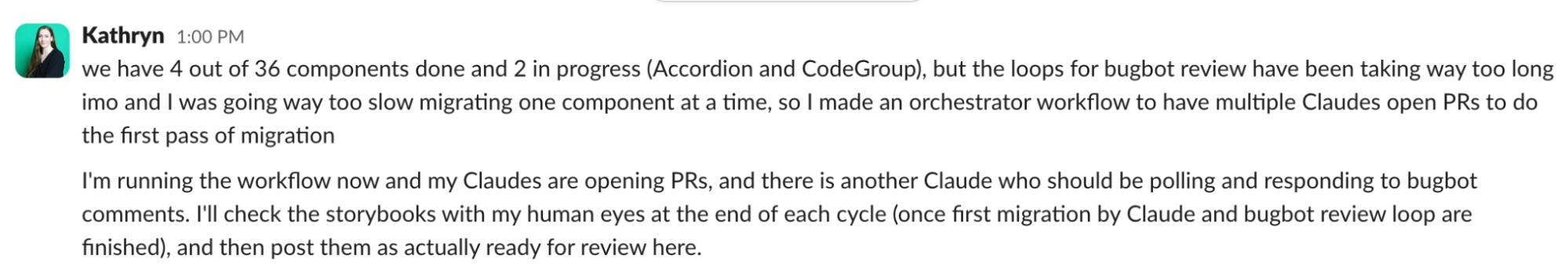 Slack message showing 1:00 PM and Kathryn starting the workflow