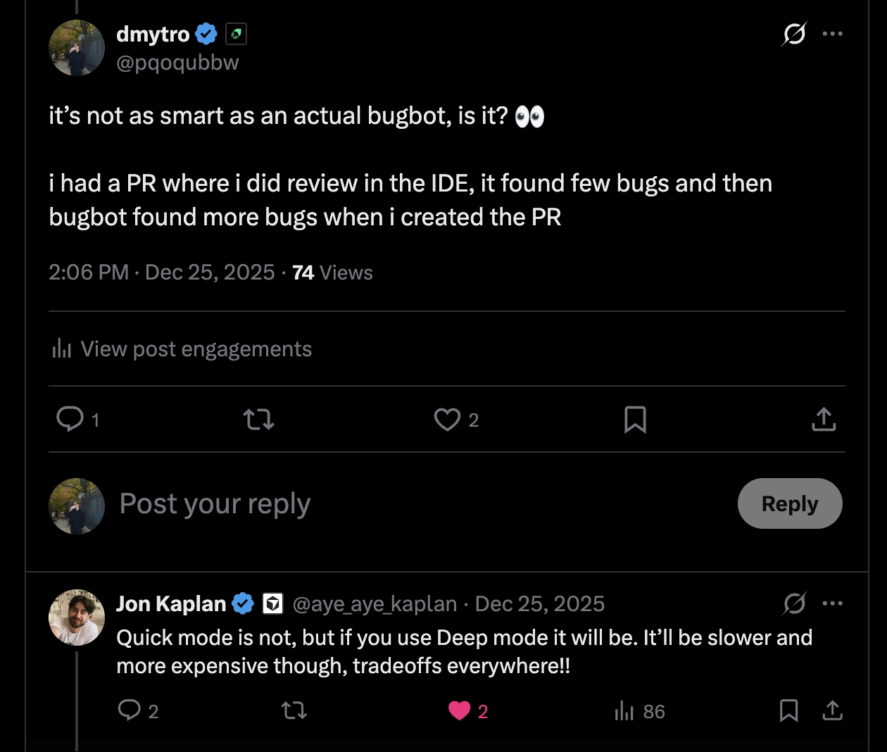 Twitter conversation between Dmytro and a Cursor employee about the cursor agent and bugbot