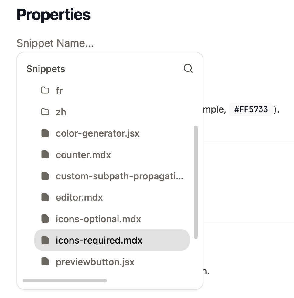 A screenshot of the web editor with the snippets dropdown open.