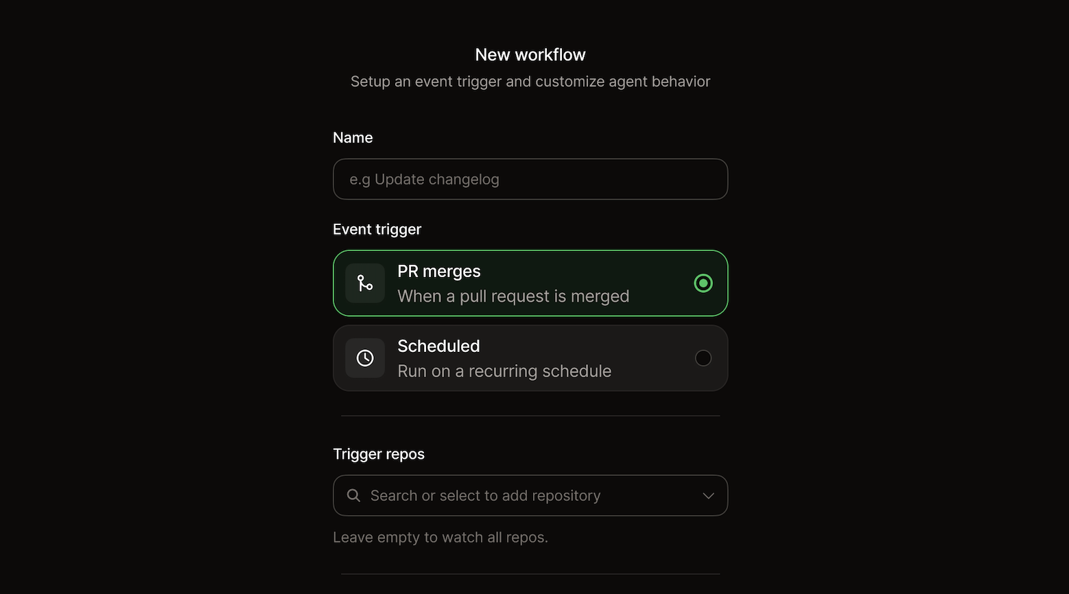 Workflows product interface showing trigger configuration